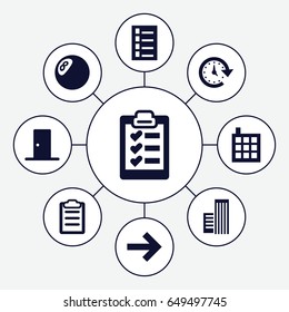 Office icons set. set of 9 office filled icons such as building, document, clipboard, door, time, clock