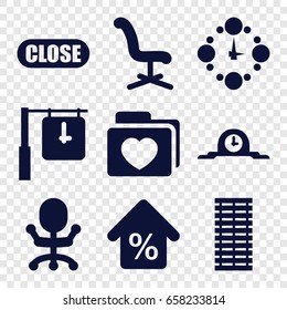 Office icons set. set of 9 office filled icons such as office chair, folder with heart, mortgage, close, jalousie, wall clock