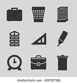 Office icons set. set of 9 office filled icons such as shutter blinds, business center building, triangle ruler, trash bin, clock, case