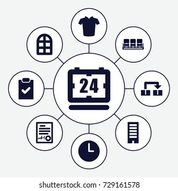 Office icons set. set of 9 office filled icons such as window, building, chair, t-shirt, signed document, wall clock, clock, checklist