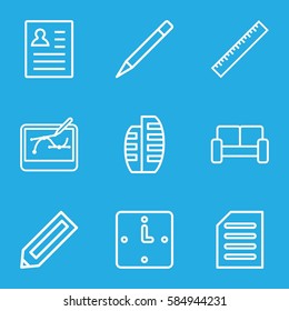 office icons set. Set of 9 office outline icons such as pencil, ruler, pen, document, builidng, sofa, pen tool on tablet, wall clock