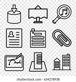 Office icons set. set of 9 office outline icons such as serach music, paper pin, building, restaurant table, pen tool on tablet, resume, entrance