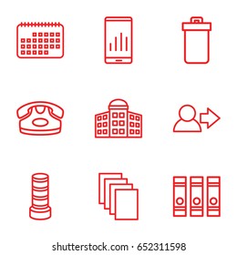 Office icons set. set of 9 office outline icons such as trash bin, building   isolated  sign symbol, business center building, desk phone, binder, paper, calendar, user