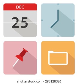 Office icons set of calendar, clock, pin and folder