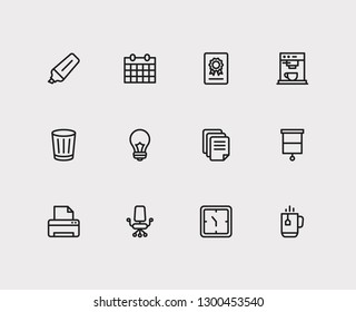Office icons set. Calendar and office icons with window, printer and certificate. Set of agenda for web app logo UI design.