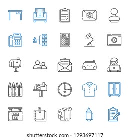 office icons set. Collection of office with clipboard, pencil, shirt, sticky note, real estate, closet, time, mailbox, crayon, user, pencil case. Editable and scalable office icons.