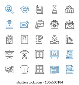 office icons set. Collection of office with contract, note, window, desk lamp, email, planning, board, drawer, stool, presentation, stationery. Editable and scalable office icons.