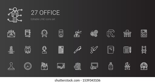 office icons set. Collection of office with correction fluid, computer, building, postcard, files, wall clock, stamp, agenda, highlighter. Editable and scalable office icons.