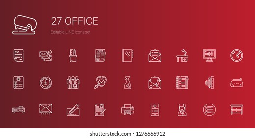 office icons set. Collection of office with employee, contract, shredder, curriculum, edit, email, projector, checklist, window cleaner, color. Editable and scalable office icons.