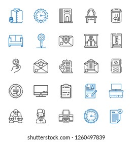 office icons set. Collection of office with exam, wall clock, printer, customer service, team, cupboard, curriculum, clipboard, screen, stamp. Editable and scalable office icons.