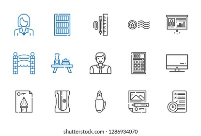 office icons set. Collection of office with planning, fountain pen, sharpener, file, screen, calculator, man, table, entrance, presentation. Editable and scalable office icons.