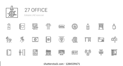 office icons set. Collection of office with teamwork, id card, computer, farm house, calculator, skills, agenda, table, building, column, folder. Editable and scalable office icons.