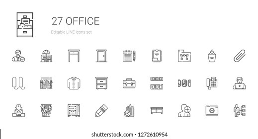 office icons set. Collection of office with user, drawer, clipboard, pen, mailbox, column, email, windows, cupboard, briefcase, shirt, gateway. Editable and scalable office icons.