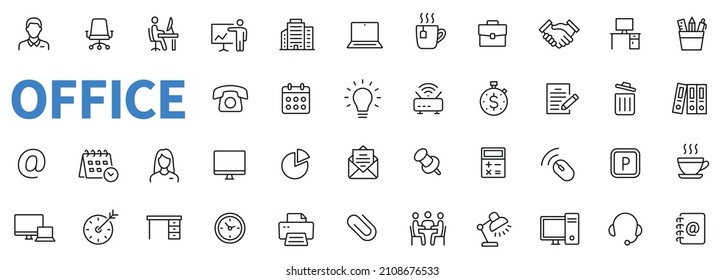 Office icons set. Contains such icons as office, chair, coffee, time, manager, workspace, computer, desk and more. Outline web icon collection. Line style - stock vector.