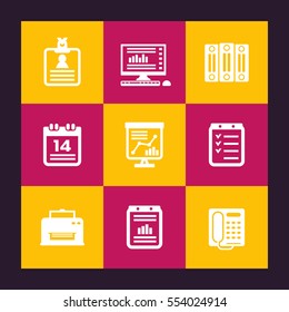 office icons set, documents, folders, schedule, calendar, fax, printer, computer