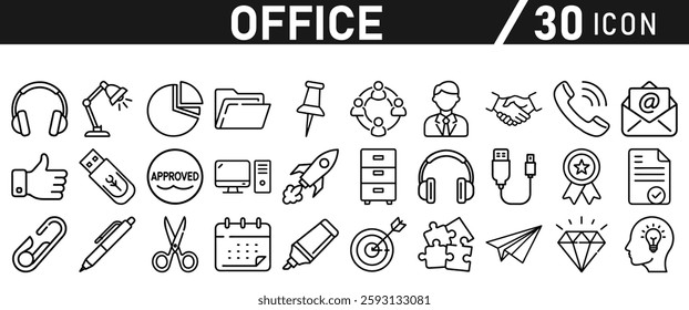 Office Icons set. Editable icon in liner style. For Mobile and Web. It contains an office desk, office, chair, coffee, document, computer mouse, and clipboard. vector illustration