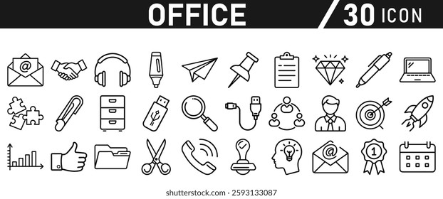 Office Icons set. Editable icon in liner style. For Mobile and Web. It contains an office desk, office, chair, coffee, document, computer mouse, and clipboard. vector illustration