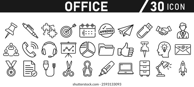 Office Icons set. Editable icon in liner style. For Mobile and Web. It contains an office desk, office, chair, coffee, document, computer mouse, and clipboard. vector illustration