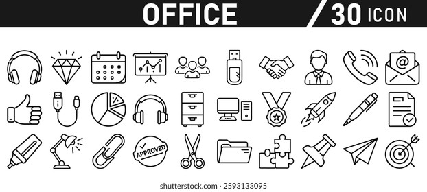 Office Icons set. Editable icon in liner style. For Mobile and Web. It contains an office desk, office, chair, coffee, document, computer mouse, and clipboard. vector illustration
