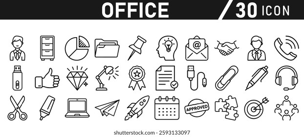 Office Icons set. Editable icon in liner style. For Mobile and Web. It contains an office desk, office, chair, coffee, document, computer mouse, and clipboard. vector illustration