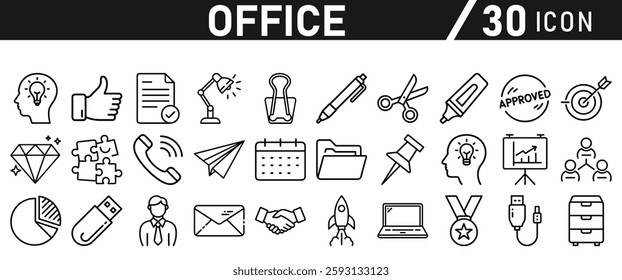Office Icons set. Editable icon in liner style. For Mobile and Web. It contains an office desk, office, chair, coffee, document, computer mouse, and clipboard. vector illustration