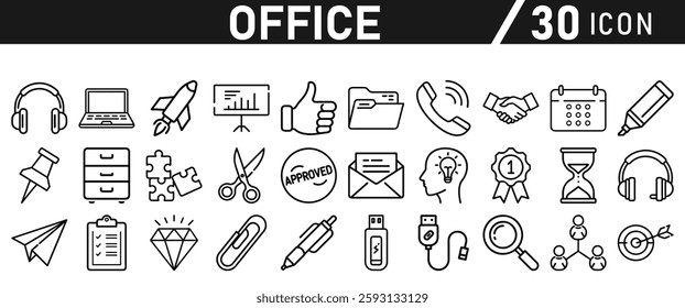 Office Icons set. Editable icon in liner style. For Mobile and Web. It contains an office desk, office, chair, coffee, document, computer mouse, and clipboard. vector illustration