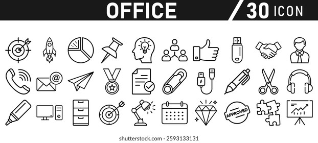 Office Icons set. Editable icon in liner style. For Mobile and Web. It contains an office desk, office, chair, coffee, document, computer mouse, and clipboard. vector illustration