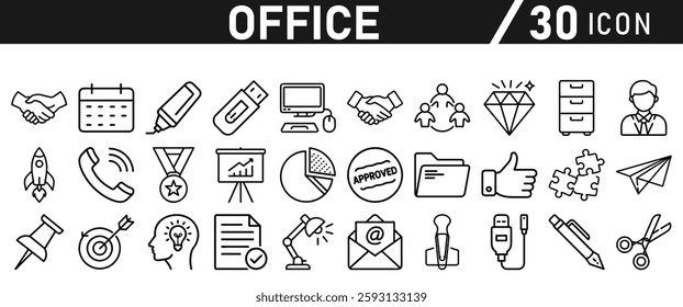 Office Icons set. Editable icon in liner style. For Mobile and Web. It contains an office desk, office, chair, coffee, document, computer mouse, and clipboard. vector illustration