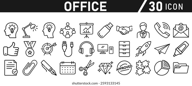 Office Icons set. Editable icon in liner style. For Mobile and Web. It contains an office desk, office, chair, coffee, document, computer mouse, and clipboard. vector illustration