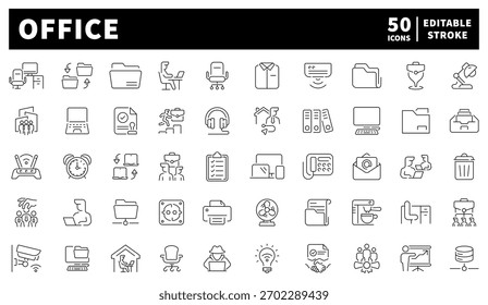 Conjunto de iconos de oficina. iconos de línea editables, esquema, símbolos de negocios y lugar de trabajo