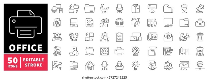Office icons set. editable line icons for workspace and business essentials