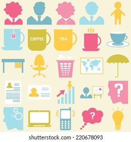 Office icons set. For infographics, presentation, cards and backgrounds. Vector illustration. 