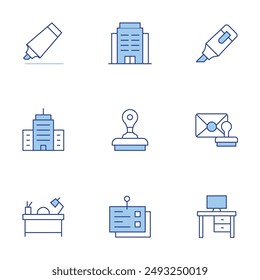 Office icons set. Line Duotone style, editable stroke. workspace, corporate, marker, highlighter, desk, stamp, notes, office, mail.