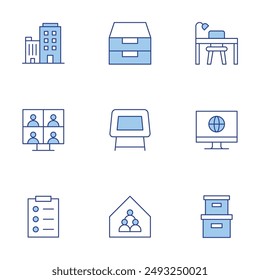 Office icons set. Line Duotone style, editable stroke. table, archive, office building, task, computer, cardboard, videoconference, office, desk.