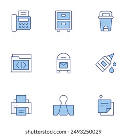 Office icons set. Line Duotone style, editable stroke. glue, post office, notes, filling cabinet, fax, folder, bin, printer, paper clip.