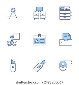 Office icons set. Line Duotone style, editable stroke. scissors, cutter, compass, id card, office, scotch tape, files, printer.