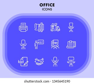 Office icons. Set of line icons on white background. Handshake, fax machine, office moving. New business concept. Vector illustration can be used for topics like business, partnership, management