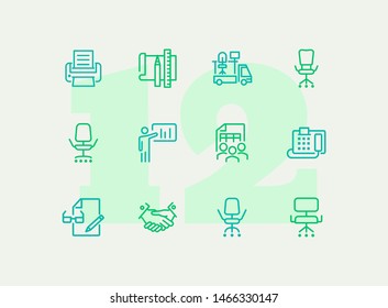 Office icons. Set of line icons on white background. Handshake, fax machine, office moving. New business concept. Vector illustration can be used for topics like business, partnership, management