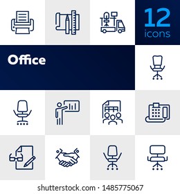 Office icons. Set of line icons on white background. Handshake, fax machine, office moving. New business concept. Vector illustration can be used for topics like business, partnership, management
