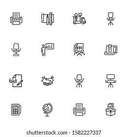Office icons. Set of line icons on white background. Handshake, fax machine, office moving. New business concept. Vector illustration can be used for topics like business, partnership, management