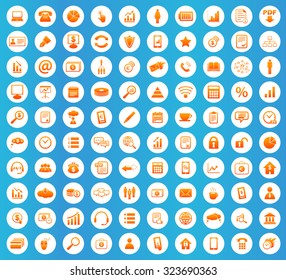 Office icons set, orange image in white circle on blue background