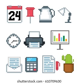 Office icons set. Pixel art. Old school computer graphic style. Games elements.