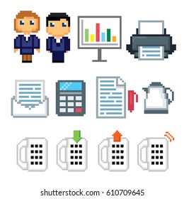 Office icons set. Pixel art. Old school computer graphic style. Games elements.