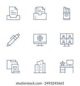 Office icons set. Thin Line style, editable stroke. pencilcase, folder, building, pen, files, computer, videoconference, inbox, work space.