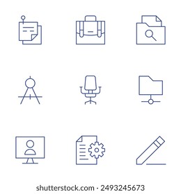 Office icons set. Thin Line style, editable stroke. pen, compass, notes, online, folder, document, chair, briefcase.