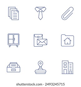 Office icons set. Thin Line style, editable stroke. clip, cabinet, postal, stamp, tie, offices, folder, file.