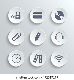 Office icons set - vector white round buttons with lock key credit card disk clip pen headphones clock folder wi-fi zone