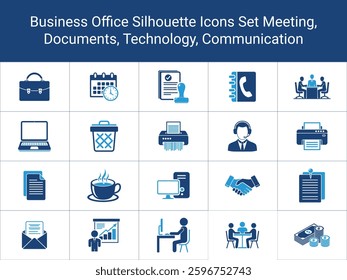 Office Icons Set, Work, Computer, Meeting, Documents, Communication, Finance Silhouette icons Set. icons various of office work computers, documents, meetings, communication, and finance
