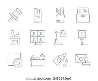 Office icons. Thin Line style, editable stroke. glue, pencilcase, settings, desk, stationery, videoconference, storage box, push pin, study, mail, pencil holder.