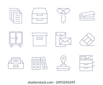 Office icons. Thin Line style, editable stroke. archive, rubber, cabinet, postal, stamp, tie, stapler, cardboard, file, printer, folders.